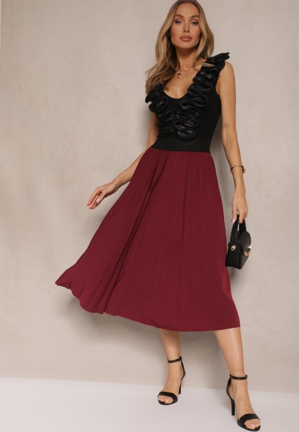 Bordowa Casualowa Spódnica Plisowana z Gumką w Pasie Velentina