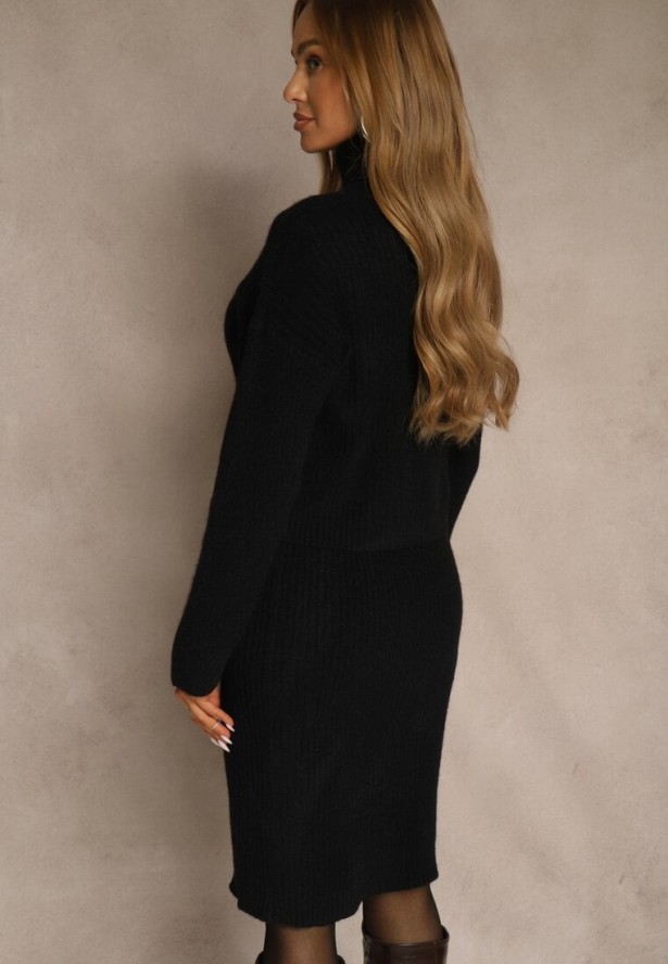 Czarny Dzianinowy Komplet z Bawełną i Wełną Dopasowana Sukienka i Golf Reinissa