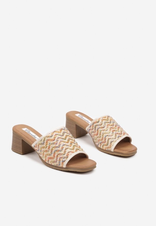 Beżowe Klapki na Obcasie Ozdobione Geometrycznym Motywem Galreis