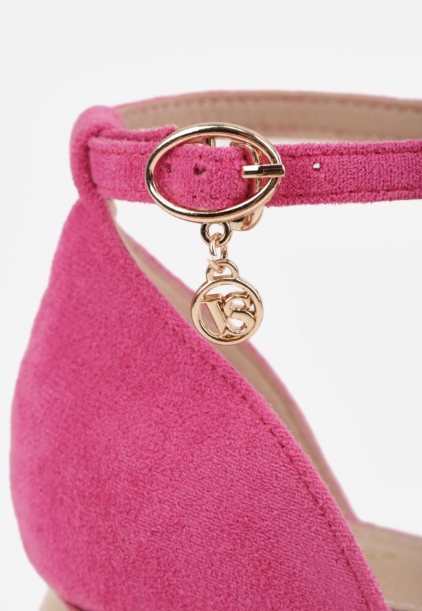 Fuksjowe Czółenka Vices na Geometrycznym Obcasie ze Skórzaną Wkładką i Metaliczną Wstawką Florori