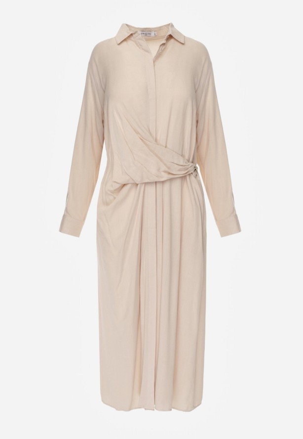 Beżowa Wiskozowa Sukienka Koszulowa z Marszczeniem i Guzikiem w Talii Lennatha