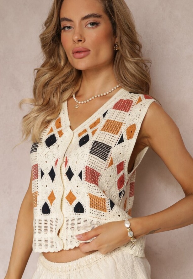 Beżowa Szydełkowa Bluzka Top z Geometrycznym Wzorem z Bawełny Fellin
