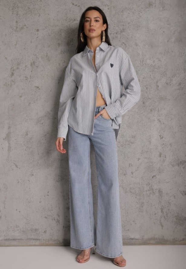 Niebieska Koszula z Bawełną w Paski z Haftowaną Aplikacją Serca Sewrona