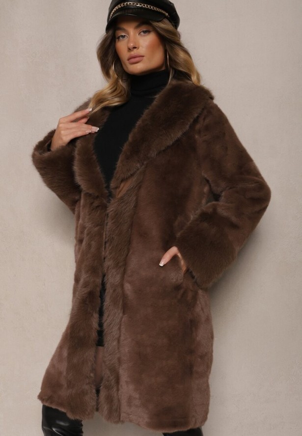 Brązowa Kurtka Futro o Długim Kroju z Wiskozą Ninnarlia