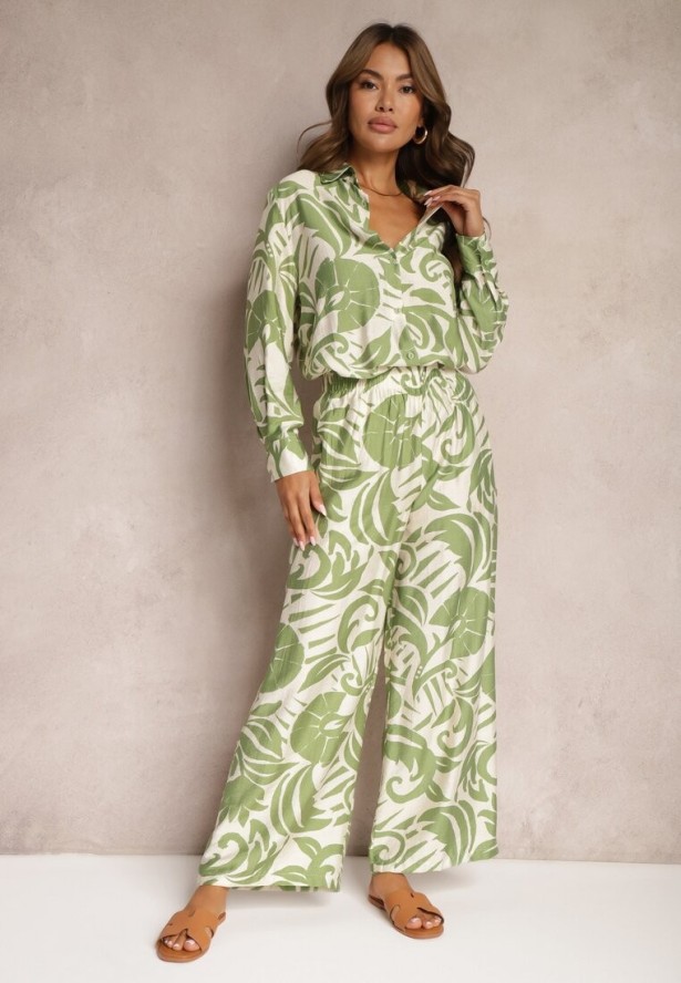 Zielony 2-Częściowy Komplet z Wiskozy Koszula z Długim Rękawem i Szerokie Spodnie Yiseria