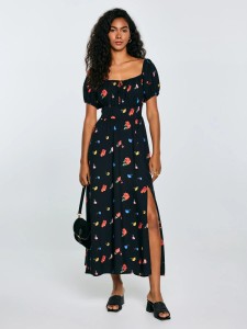 Sukienka damska midi z motywem kwiatowym czarna Roksi 906