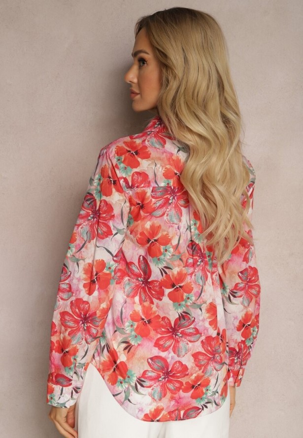 Czerwono-Różowa Klasyczna Koszula na Guziki z Bawełny w Kwiaty Taviea