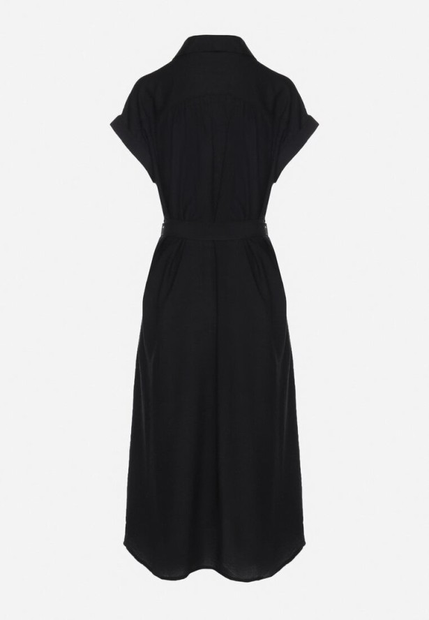 Czarna Wiskozowa Sukienka Koszulowa z Paskiem Rinaruna