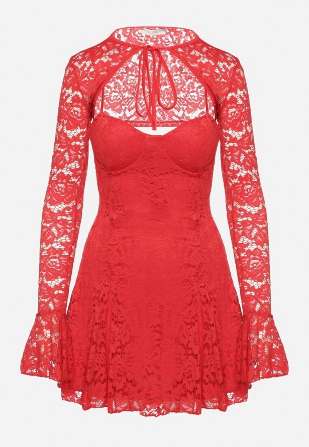 Czerwona Rozkloszowana Sukienka Koktajlowa z Koronką i Bolerkiem Eyrfedi