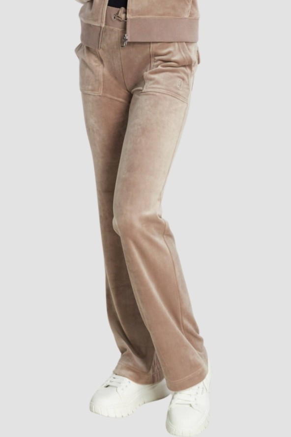 JUICY COUTURE Ciemno-beżowe damskie spodnie welurowe Del Ray Pocket Pant, Rozmiar M