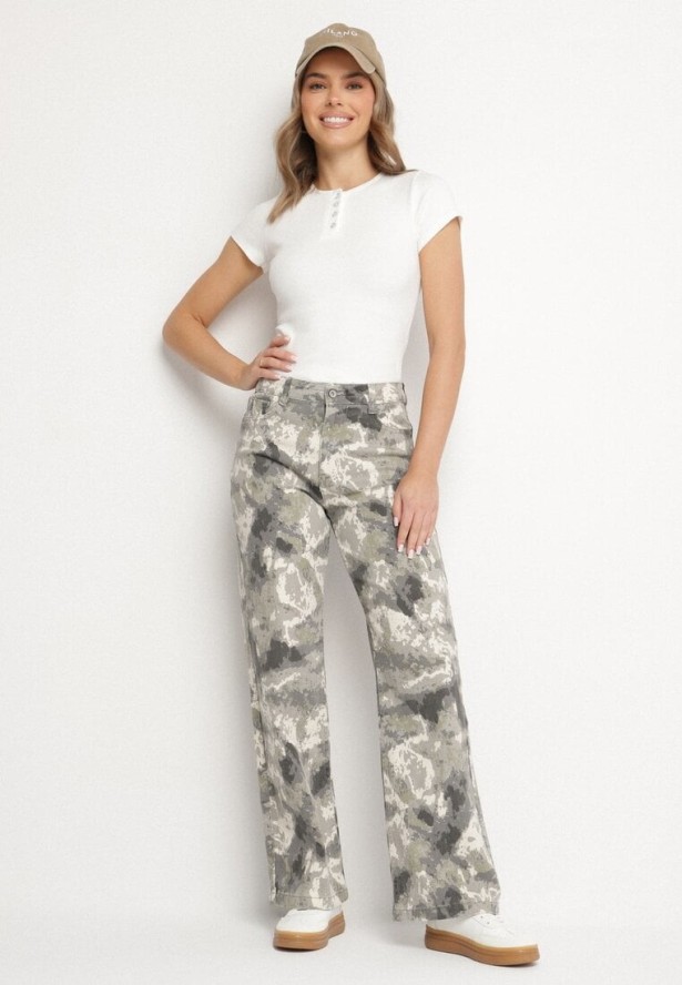 Szare Szerokie Jeansy z Bawełny z Wysokim Stanem we Wzór Moro Napielia