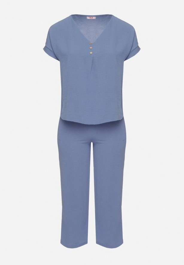 Niebieski Komplet o Fasonie Oversize Bluzka i Szerokie Spodnie Amisora