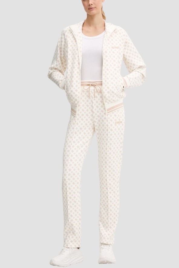 GUESS Kremowe damskie spodnie dresowe w monogram New Aggie, Rozmiar XS