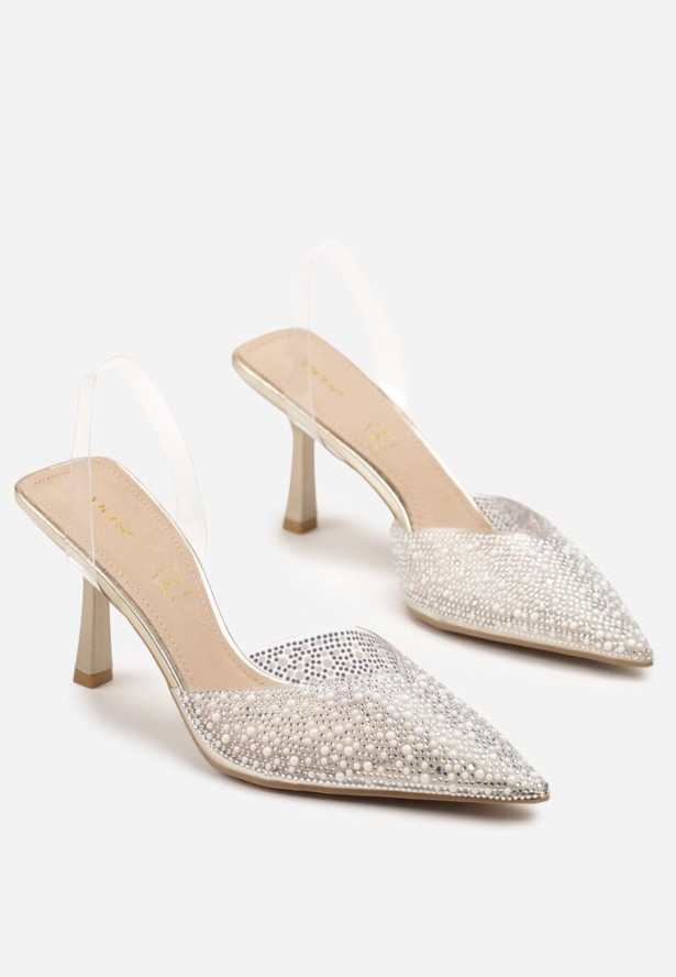 Złote Sandały Vices na Szpilce Bez Pięty ze Skórzaną Wkładką i Cyrkoniami Ovinelle