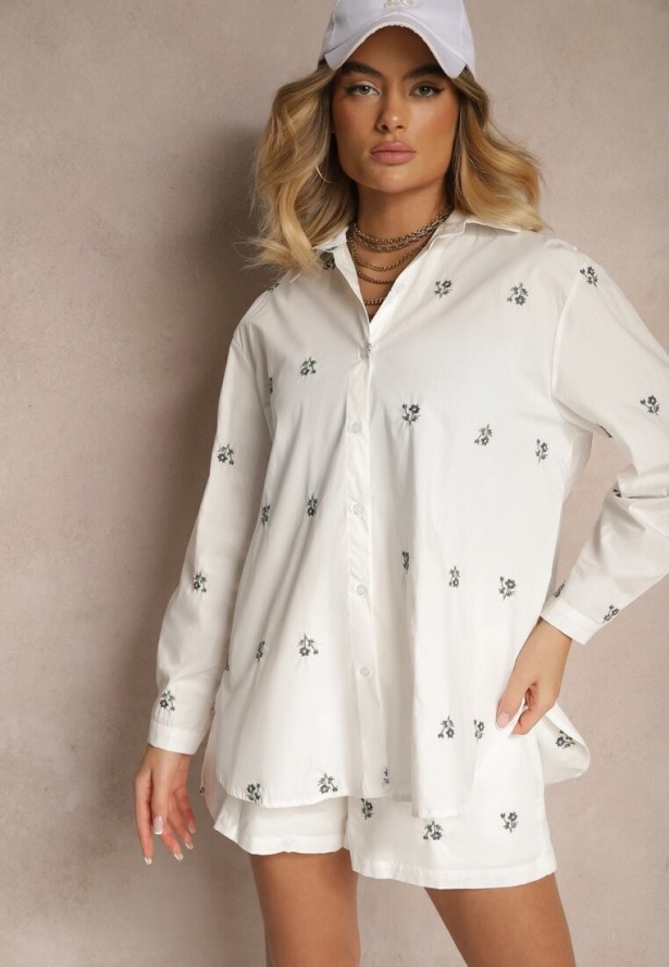 Biały Komplet Szorty i Koszula z Wiskozy i Bawełny w Haftowane Małe Kwiaty Olirwena