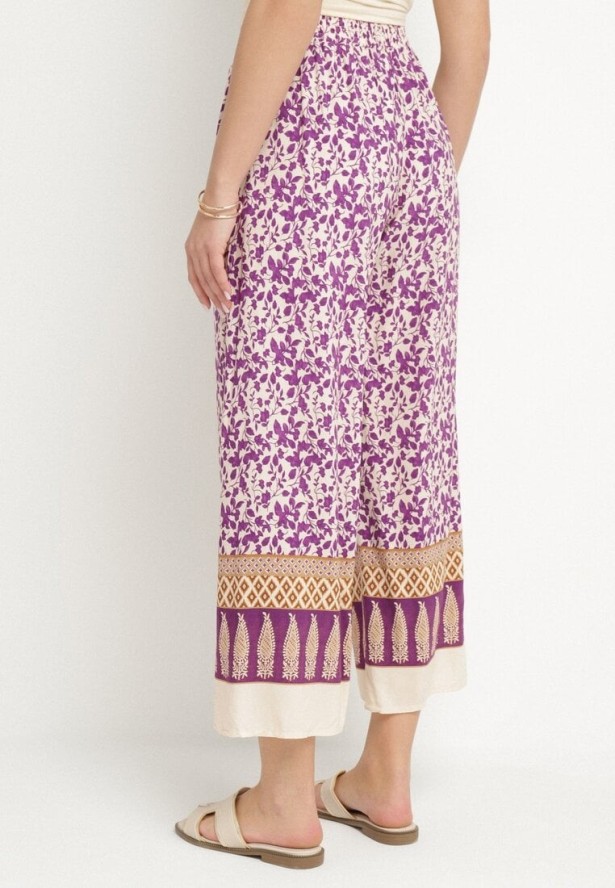 Fioletowe Bawełniane Spodnie z Wysokim Stanem o Długości 7/8 ze Wzorem Boho Lisavinea