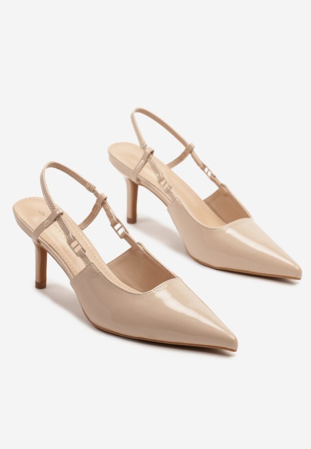 Beżowe Sandały Lakierowane na Szpilce z Noskiem w Szpic Odisene