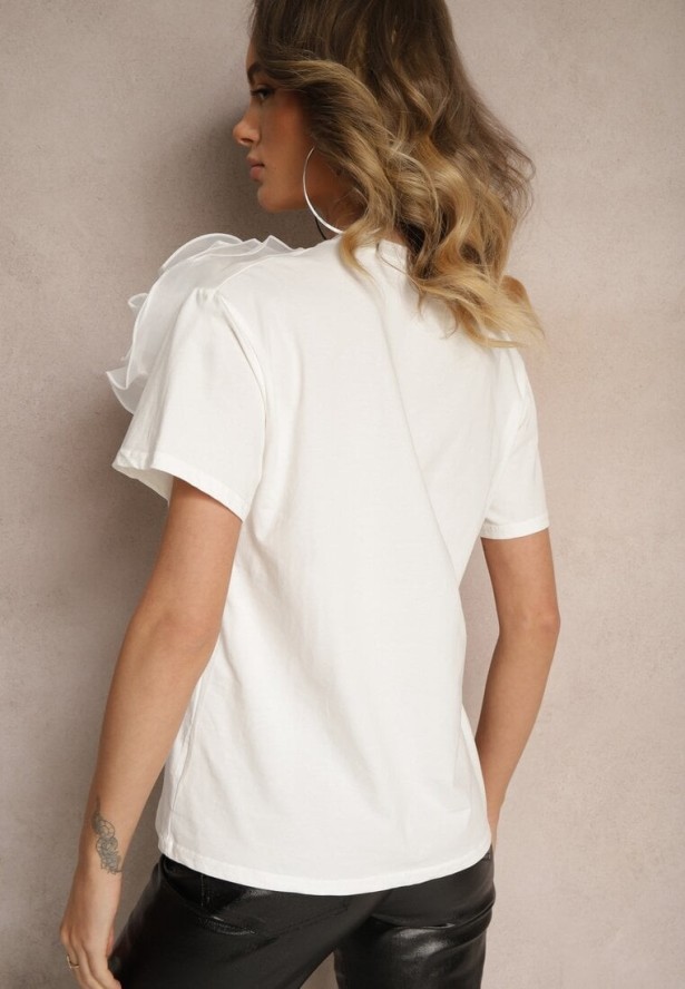 Biały Bawełniany T-shirt z Krótkim Rękawem i Ozdobnym Kwiatem Krissas