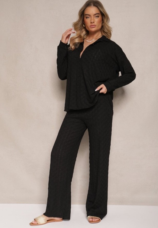 Czarny Komplet z Tłoczonego Materiału Koszula Oversize i Spodnie Taccaria