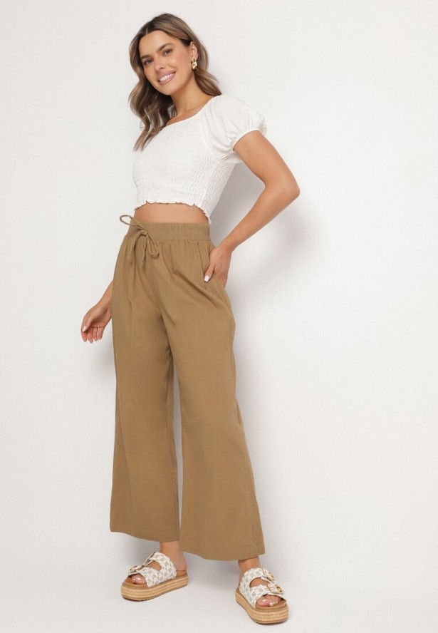 Jasnobrązowe Spodnie Bawełniane Szerokie z Gumką i Wiązaniem w Pasie Faliova