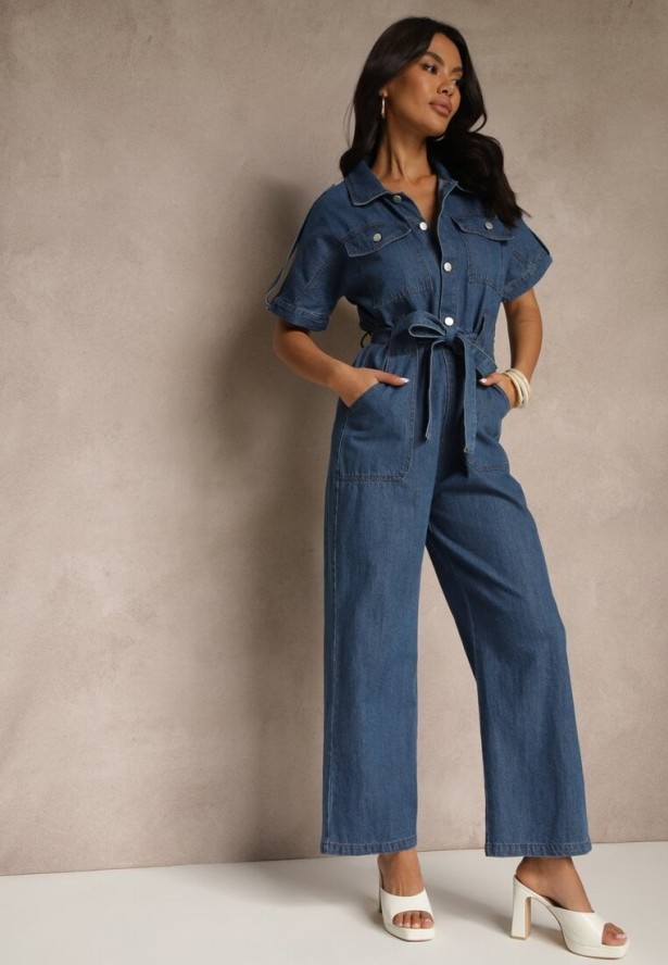 Granatowy Denimowy Kombinezon z Bawełny z Materiałowym Paskiem w Talii i Szerokimi Nogawkami Yonadea