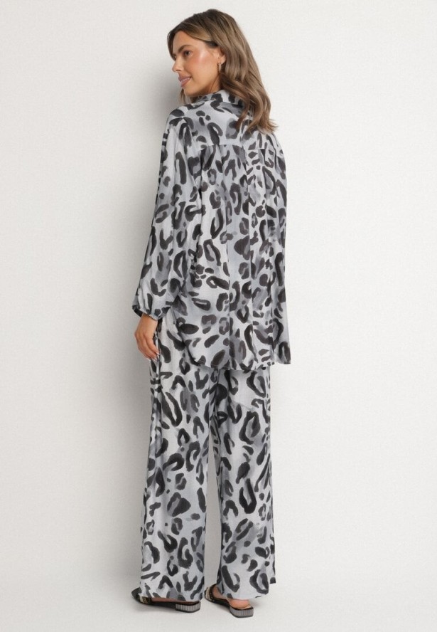 Szary Panterkowy Komplet z Wiskozą Koszula z Dłuższym Tyłem i Szerokie Spodnie Evaln