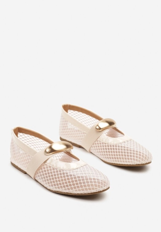 Beżowe Siateczkowe Balerinki z Metalową Ozdobą Tatolira