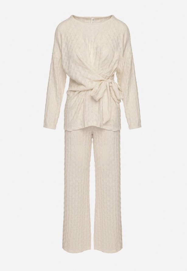 Beżowy Komplet Szerokie Spodnie i Bluzka z Ozdobnym Wiązaniem Cilinne
