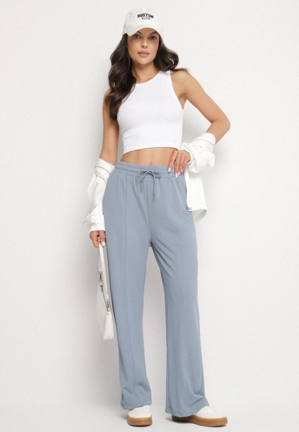 Niebieskie Szerokie Spodnie z Wysokim Stanem i Wiązaniem Deannie