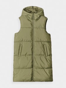 4F Długi bezrękawniki puchowy pikowany z kapturem damski - khaki S