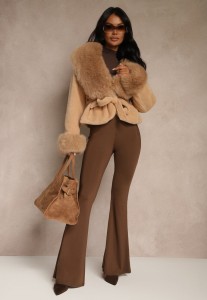 Brązowa Kurtka Pluszowa Ozdobiona Futerkiem i Wiązanym Paskiem w Talii Aravitte