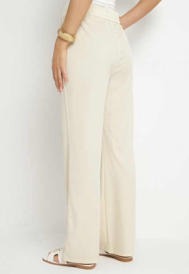 Beżowe Spodnie z Wiskozą o Szerokim Kroju z Wysokim Stanem Lintenera
