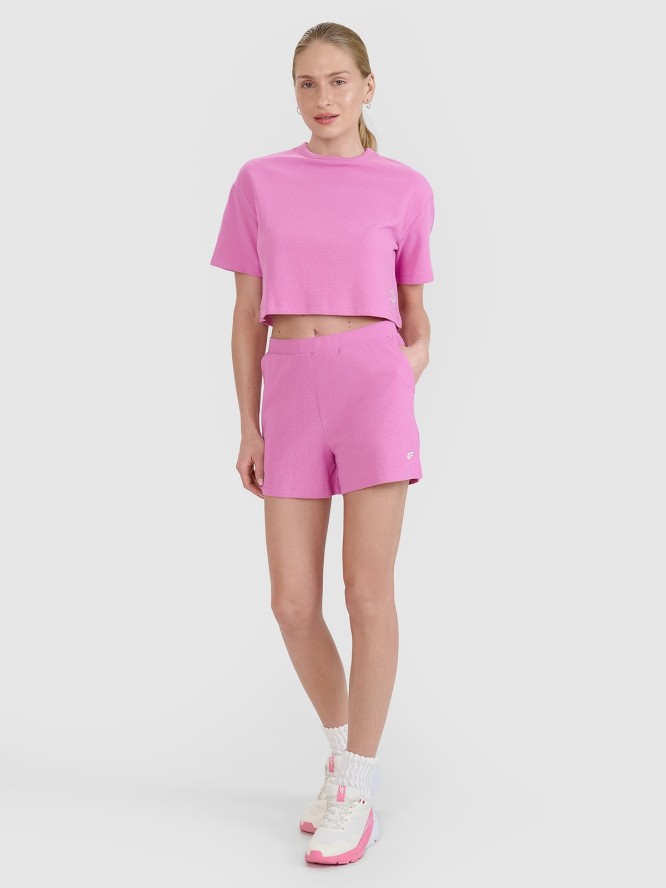 4F T-shirt crop top z waflowej dzianiny damski - różowy M