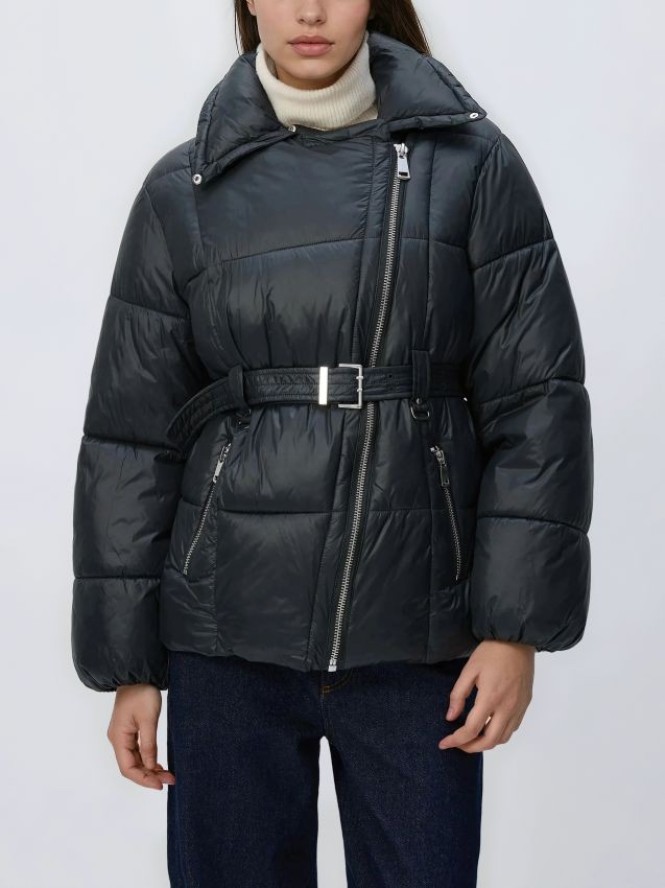 Pikowana kurtka z paskiem - szary