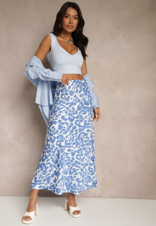 Niebiesko-Beżowa Panterkowa Spódnica z Wiskozy High Waist Fevirellea