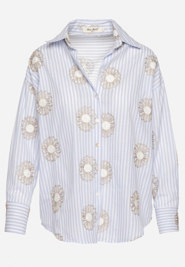 Jasnoniebieska Bawełniana Koszula w Paski Zdobiona Haftem z Metaliczną Nicią Redamia