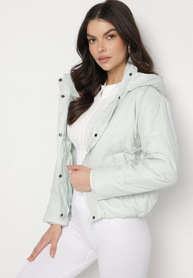 Miętowa Pikowana Kurtka z Kapturem i Lekkim Ociepleniem Ninirila