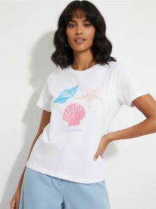 Bawełniana koszulka z nadrukiem w muszelki - biały