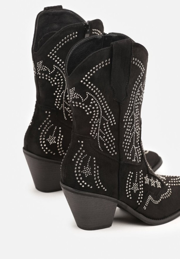 Czarne Botki Typu Kowbojki na Obcasie Ozdobione Cyrkoniami Rilionea