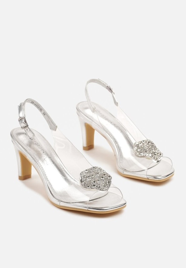 Srebrne Sandały Transparentne na Obcasie z Ozdobną Aplikacją z Cyrkoniami Selreis