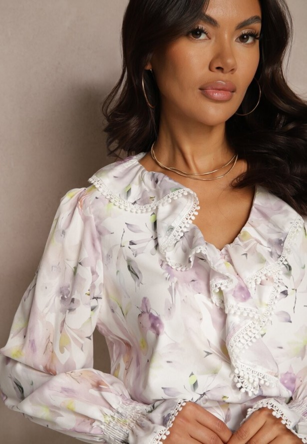 Biało-Różowy Komplet z Wiskozy Zdobiony Falbankami Bluzka i Spódnica Neltebis