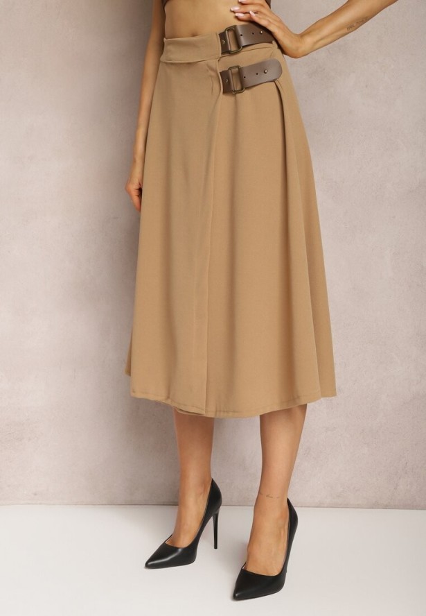 Beżowa Rozkloszowana Spódnica Midi z Gumką w Talii i Paskami z Imitacji Skóry Helemisia