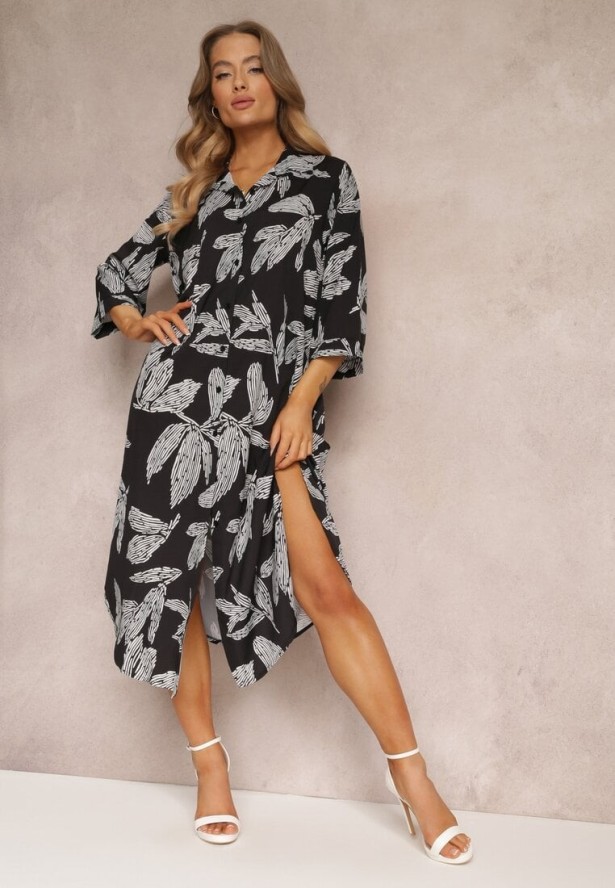 Czarna Sukienka Koszulowa w Kwiaty Siois