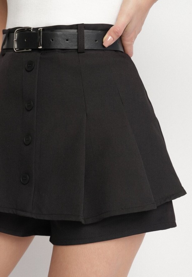 Czarne Wiskozowe Spódnico-Szorty Ozdobione Guzikami i Paskiem Sanioris