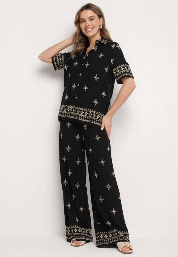 Czarny Komplet z Wiskozy Zdobiony Haftem Koszula i Spodnie Oversize Iffiselle