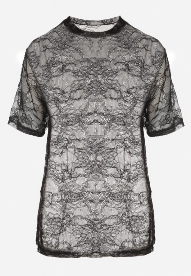 Czarna Koronkowa Bluzka Prześwitująca z Wiskozą Liosaine