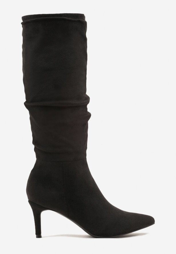 Czarne Marszczone Kozaki z Imitacji Zamszu na Obcasie Typu Szpilka Rilavira