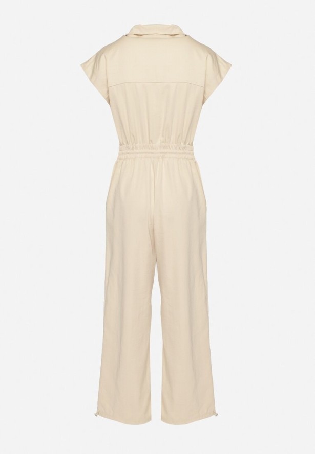 Beżowy Kombinezon na Krótki Rękaw z Kołnierzykiem i Zapięciem na Suwak Kareldi