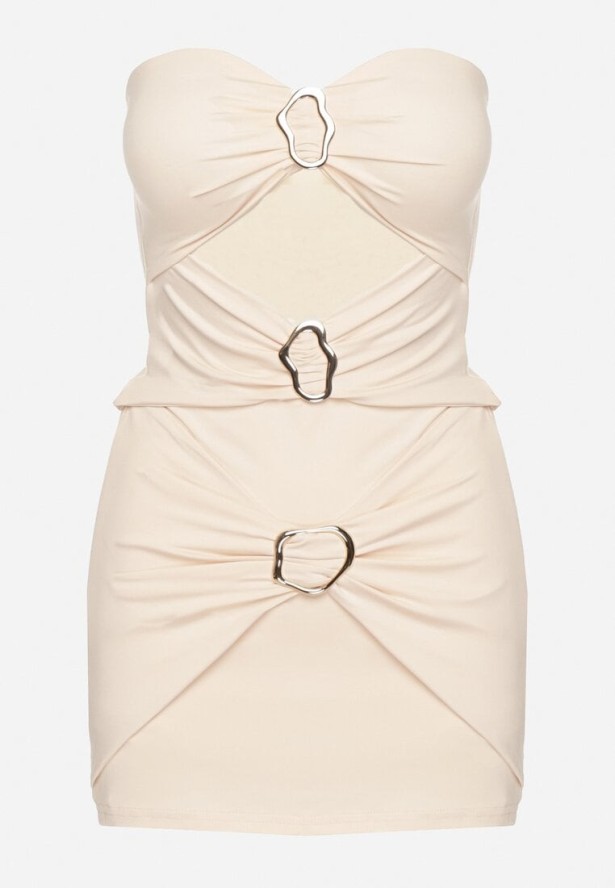 Beżowy Komplet z Wiskozą Zdobiony Klamrami Top Bez Rękawów i Spódnica Mirasenia