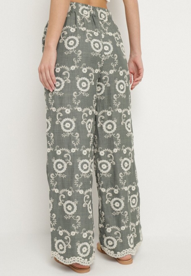 Ciemnozielone Szerokie Spodnie z Wysokim Stanem i Haftem Tulsedi